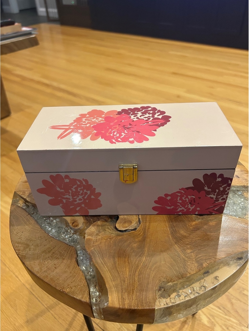 Decorative Floral Storage Jewelry Box with Velvet Interior and Gold Hardware